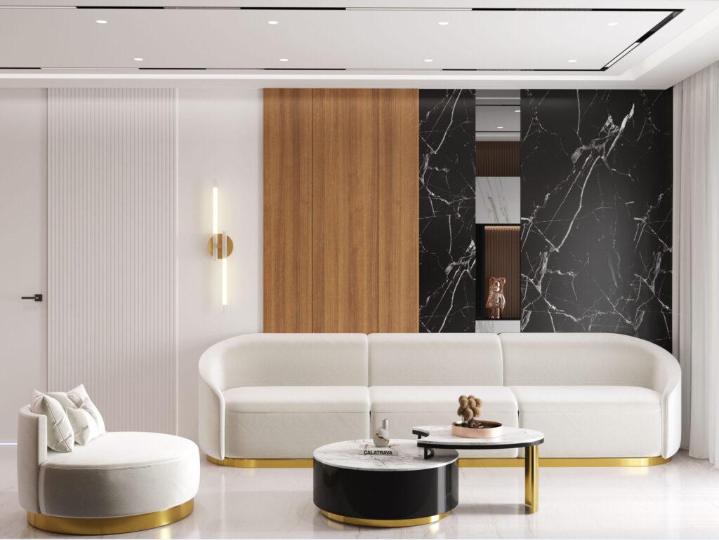 Modern luxury living room interior design by 3D Architectural Services with white sofa and black marble wall